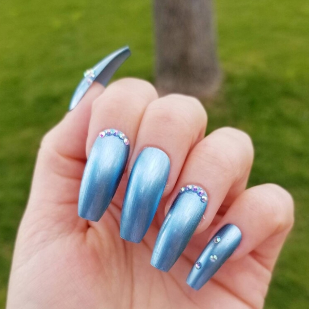 Blue Chrome Coffin Press On Nails - New Hand Painted